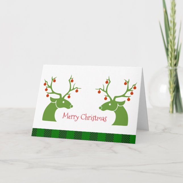 Festive Christmas Tree Reindeer Ornament Red Green Holiday Card (Front)