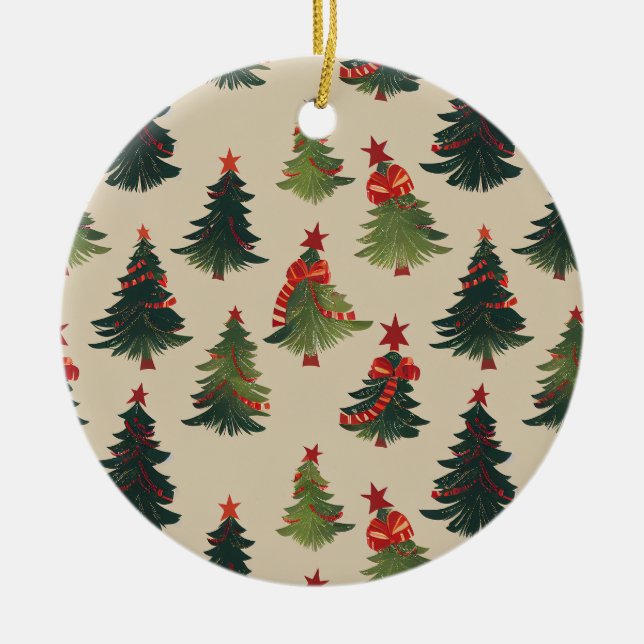 Festive Christmas Tree Repeating Pattern Ceramic Ornament (Front)