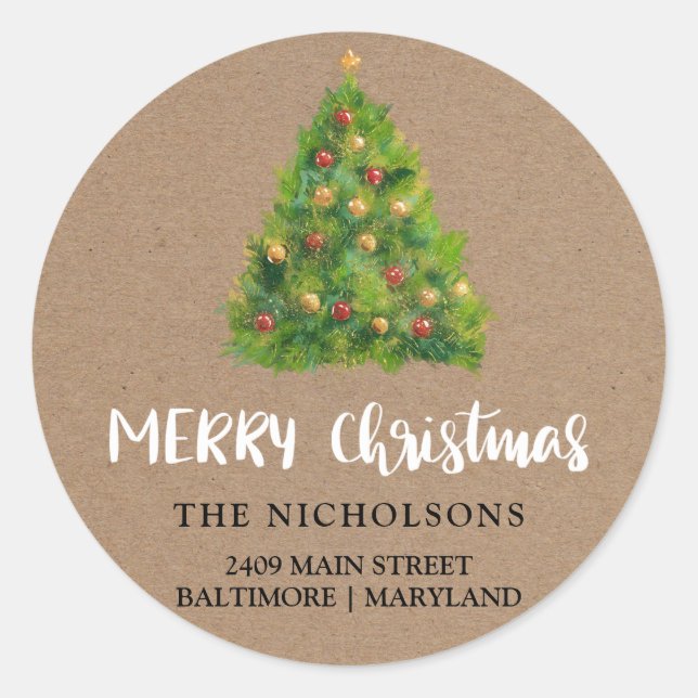 Festive Christmas Tree Rustic Kraft Paper Classic Round Sticker (Front)