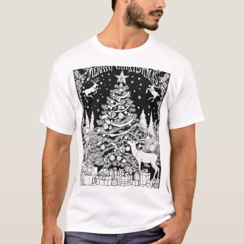 Festive Christmas Tree Silhouette Black Design on  T_Shirt