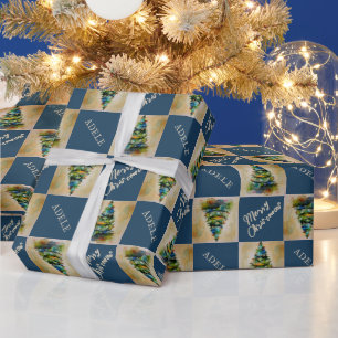 Festive Christmas Tree Watercolor Blue Holiday Wrapping Paper