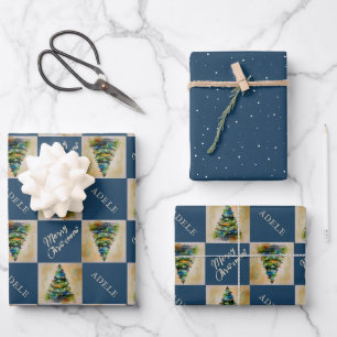 Festive Christmas Tree Watercolor Blue Holiday Wrapping Paper Sheets