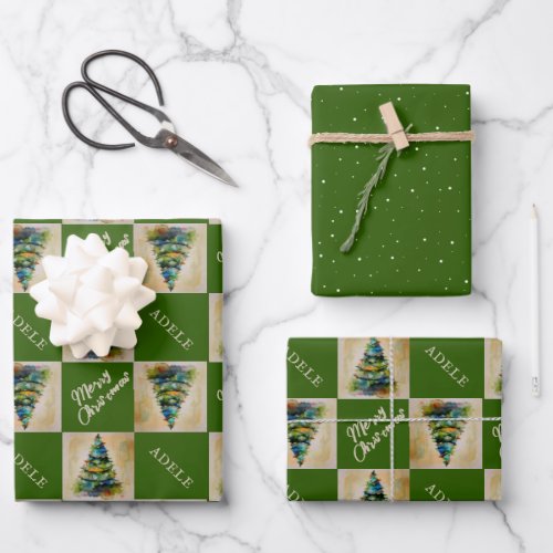 Festive Christmas Tree Watercolor Green Holiday  Wrapping Paper Sheets