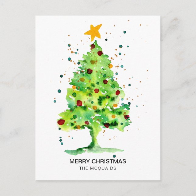 Festive Christmas Tree Watercolor Holiday Postcard (Front)
