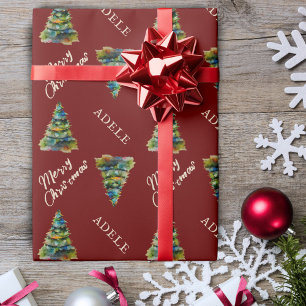 Festive Christmas Tree Watercolor Red Holiday Wrapping Paper
