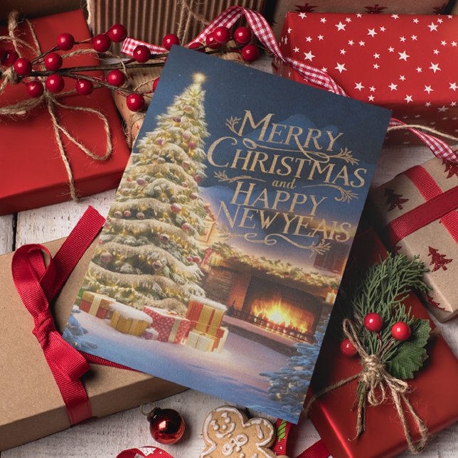Festive Christmas Tree With Presents by Fireplace Postcard (Creator Uploaded)