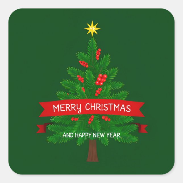 Festive Christmas Tree with Red Ribbon Square Sticker (Front)