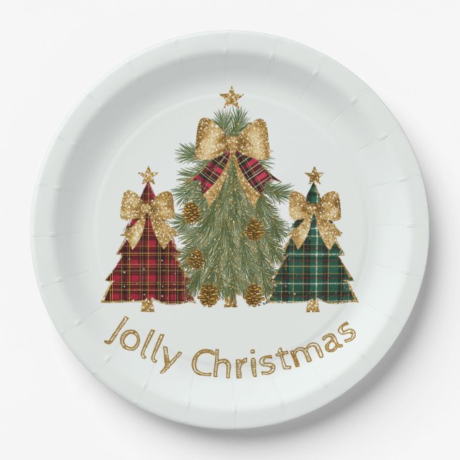 Festive Christmas Trees & Custom Name Paper Plates (Front)