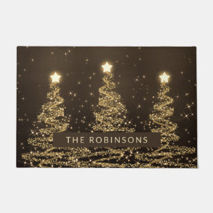 Festive Christmas Trees Gold w/ Family Name Doormat