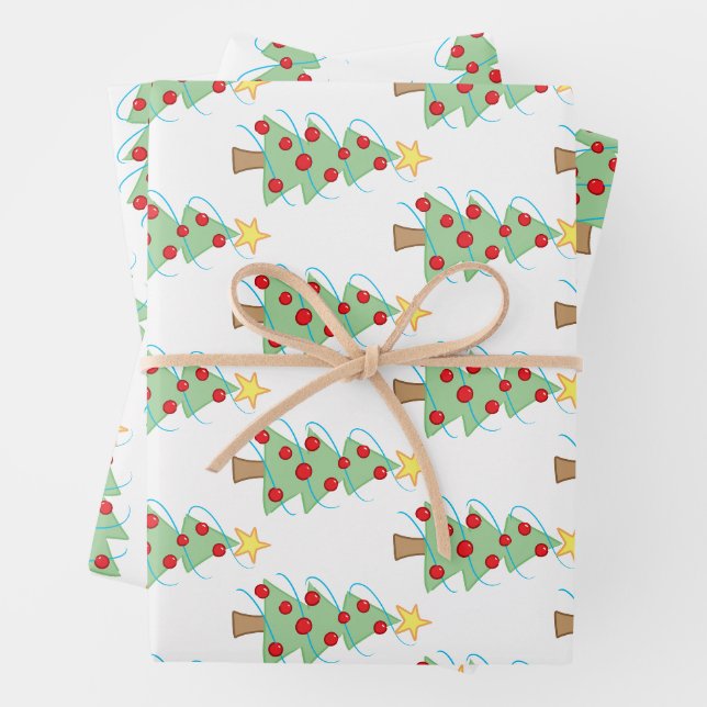 Festive Christmas Trees on White Wrapping Paper Sheets (In situ)