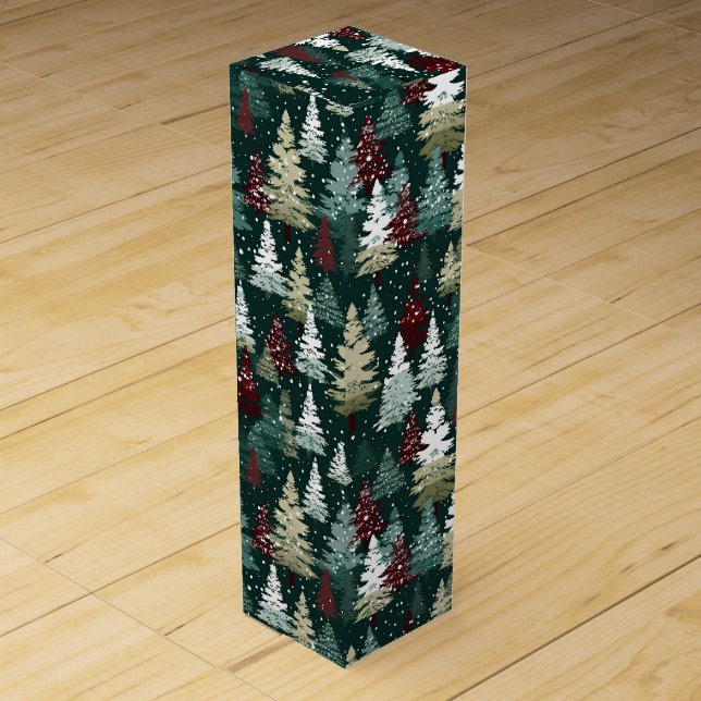 Festive Christmas Trees Red Green Winter Pattern Wine Box (Front)