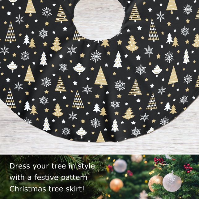 Festive  Christmas Trees Snowflakes Black Brushed Polyester Tree Skirt (Creator Uploaded)