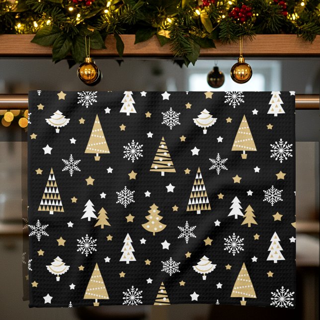 Festive Christmas Trees Snowflakes Black Kitchen Towel (Creator Uploaded)