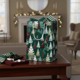 Festive Christmas Trees Snowflakes Red Green Medium Gift Bag
