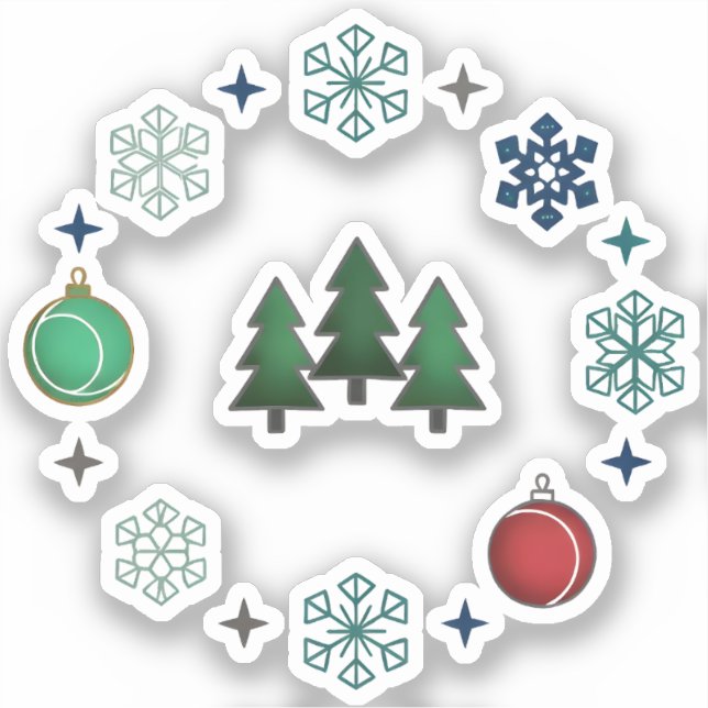 Festive Christmas Trees & Snowflakes Sticker (Front)