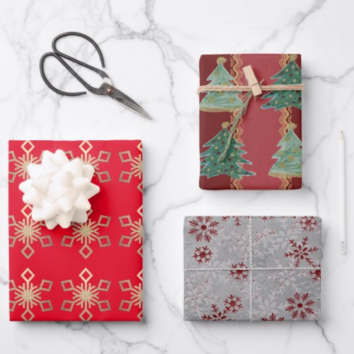 Festive Christmas Trees Snowflakes Wrapping Paper Sheets