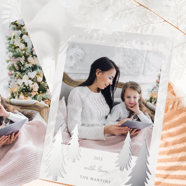 Festive Christmas Trees Two Photo Foil Holiday Card (Creator Uploaded)