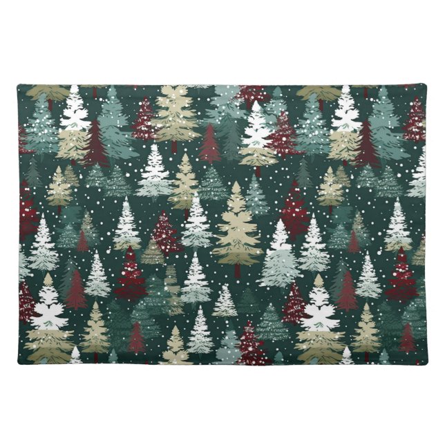 Festive Christmas Trees Winter Snow Holiday Cloth Placemat (Front)