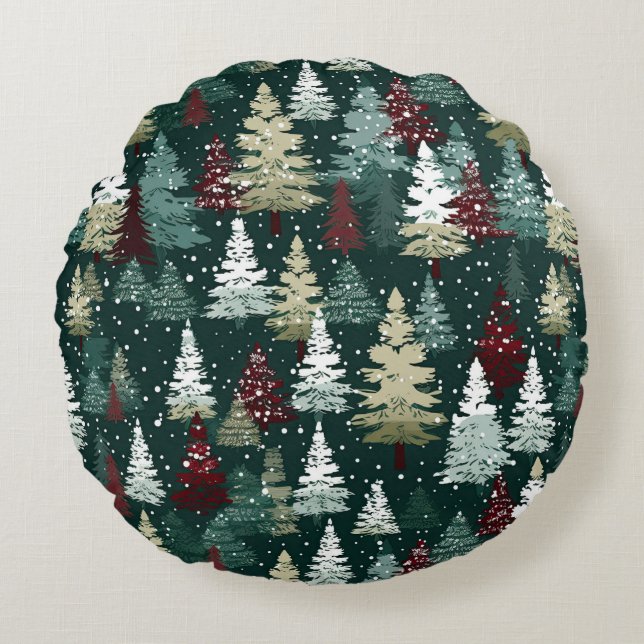 Festive Christmas Trees Winter Snow Holiday Round Pillow (Front)
