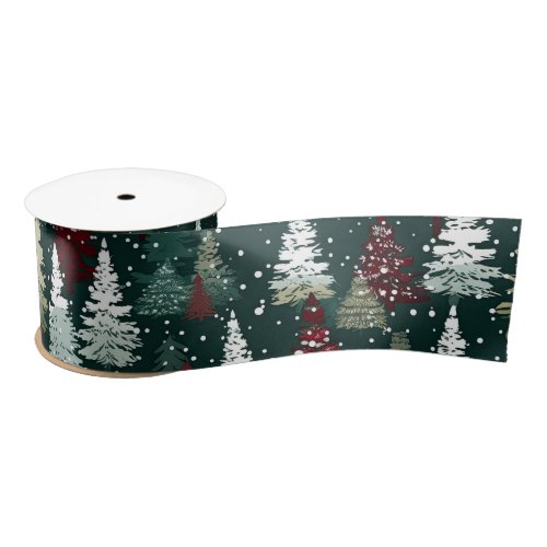 Festive Christmas Trees Winter Snow Holiday Satin Ribbon