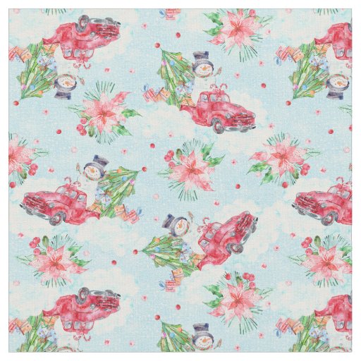 Festive Christmas Truck Snowman Fabric