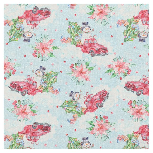 Festive Christmas Truck Snowman Fabric (Close Up)