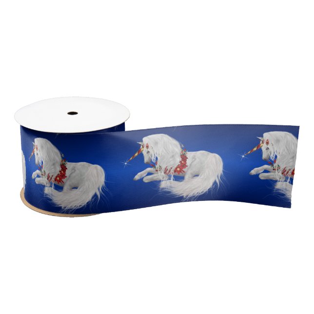 Festive Christmas Unicorn Blue Ombre Satin Ribbon (Spool)