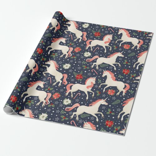 Festive Christmas Unicorn  Candy Canes  Snow Wrapping Paper