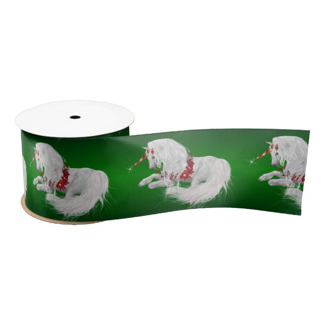 Festive Christmas Unicorn Green Ombre Satin Ribbon (Spool)
