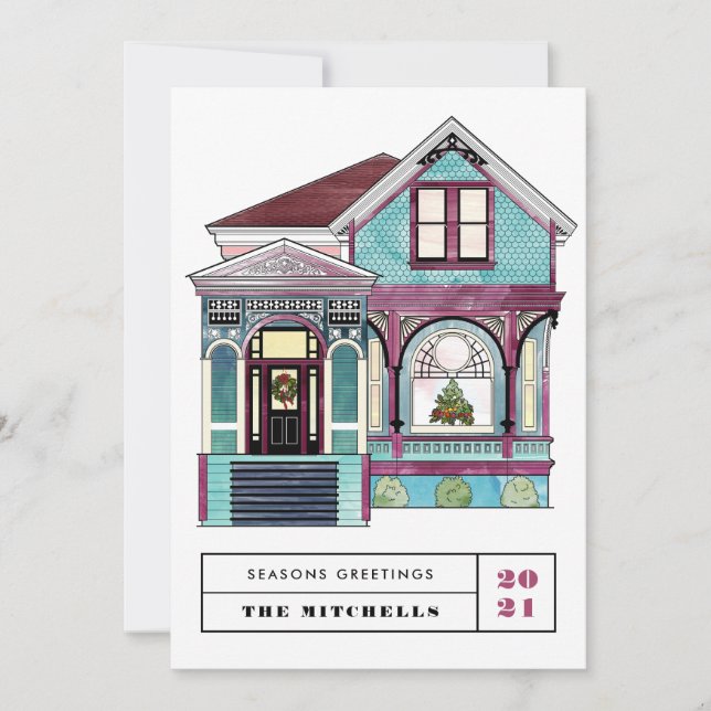 Festive Christmas Victorian Home Teal Non-Photo Holiday Card (Front)