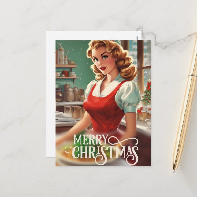 Festive Christmas vintage lady add message Holiday Postcard (Front/Back In Situ)