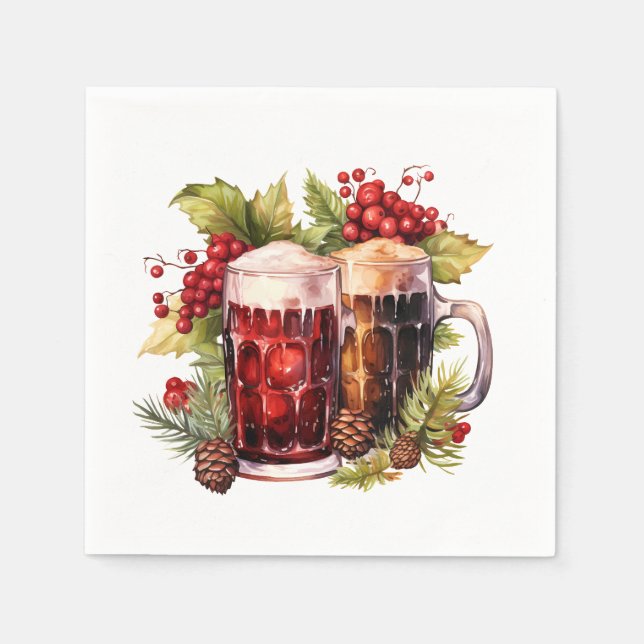 Festive Christmas watercolor beer drinking  Napkins (Front)