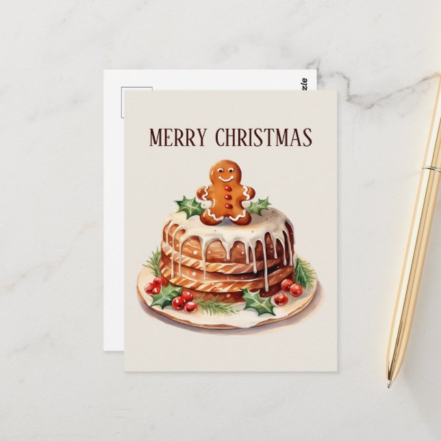 Festive Christmas watercolor cake add text Postcard (Front/Back In Situ)