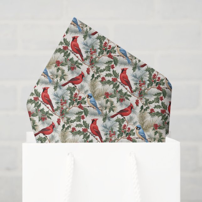 Festive Christmas watercolor cardinal Tissue Paper (Gift Bag)