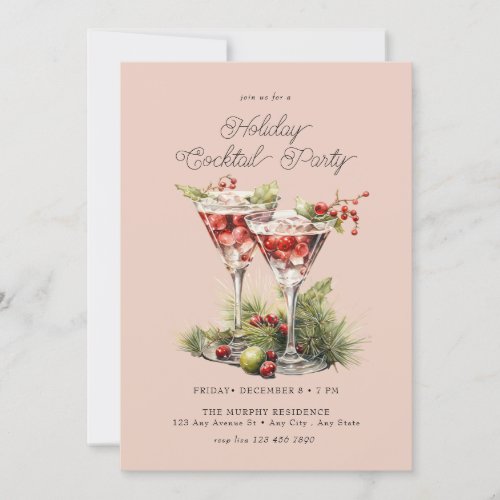 Festive Christmas Watercolor Cocktail Party   Invitation