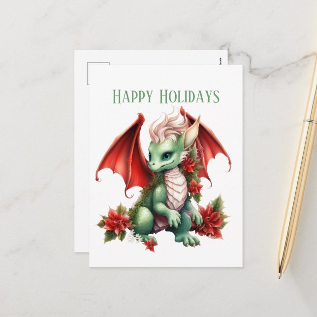 Festive Christmas watercolor dragon fantasy Holiday Postcard (Front/Back In Situ)