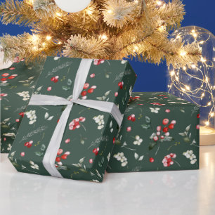 Festive Christmas Watercolor Foliage Holly Berry Wrapping Paper
