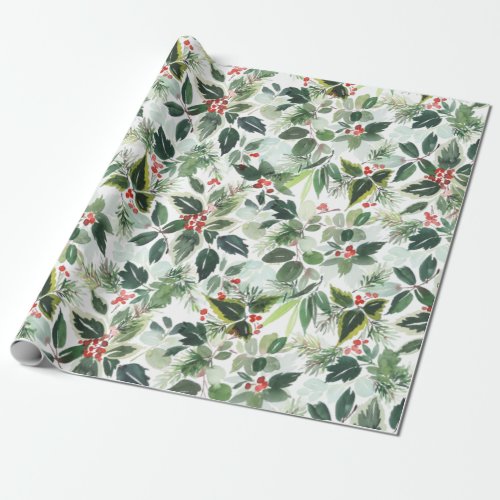 Festive Christmas Watercolor Foliage Holly Berry Wrapping Paper