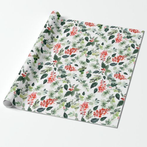 Festive Christmas Watercolor Foliage Holly Berry Wrapping Paper