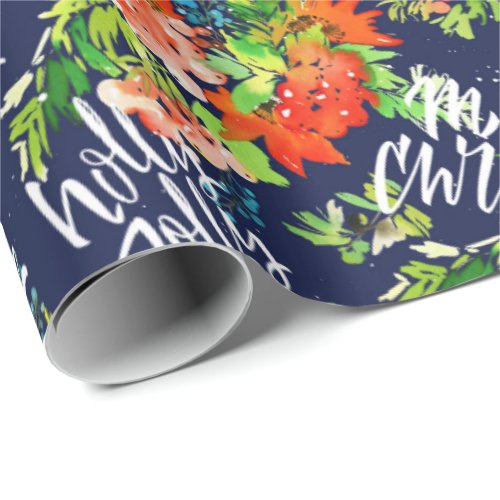 Festive Christmas Watercolor Foliage Holly Berry Wrapping Paper