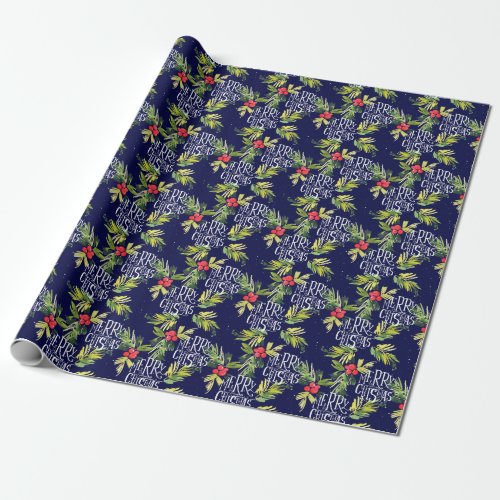 Festive Christmas Watercolor Foliage Holly Berry Wrapping Paper