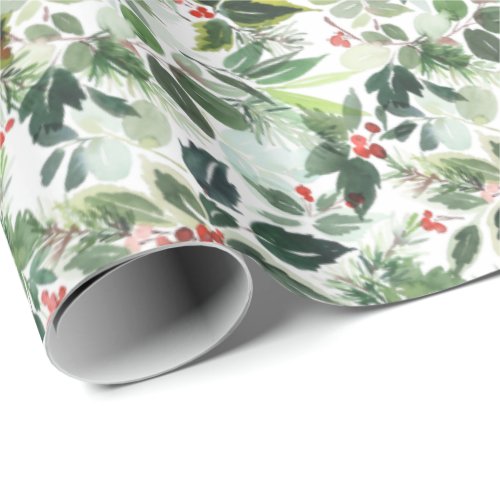 Festive Christmas Watercolor Foliage Holly Berry Wrapping Paper