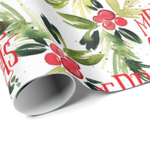 Festive Christmas Watercolor Foliage Holly Berry Wrapping Paper