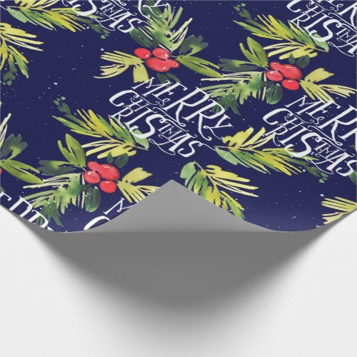 Festive Christmas Watercolor Foliage Holly Berry Wrapping Paper