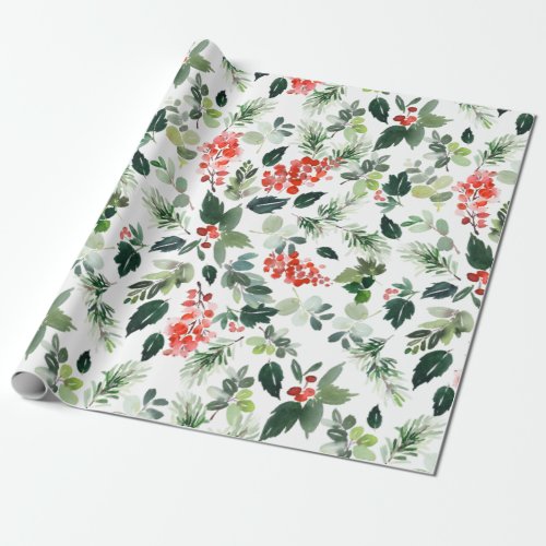 Festive Christmas Watercolor Foliage Holly Berry Wrapping Paper