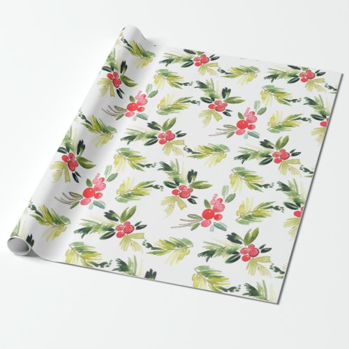 Festive Christmas Watercolor Foliage Holly Berry Wrapping Paper