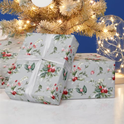 Festive Christmas Watercolor Foliage Holly Berry Wrapping Paper