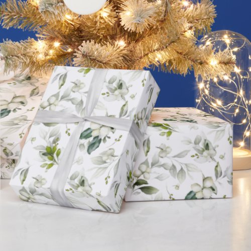 Festive Christmas Watercolor Foliage Holly Berry Wrapping Paper