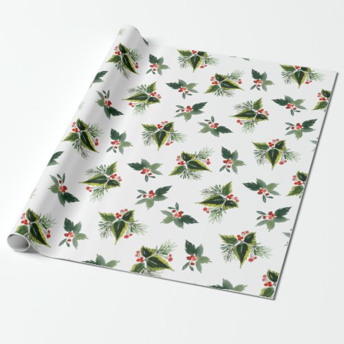 Festive Christmas Watercolor Foliage Holly Berry Wrapping Paper