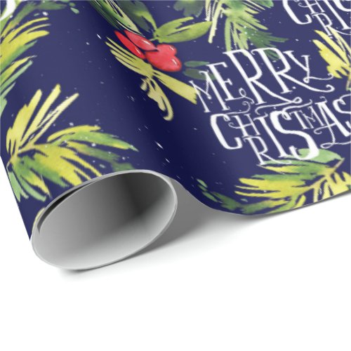 Festive Christmas Watercolor Foliage Holly Berry Wrapping Paper